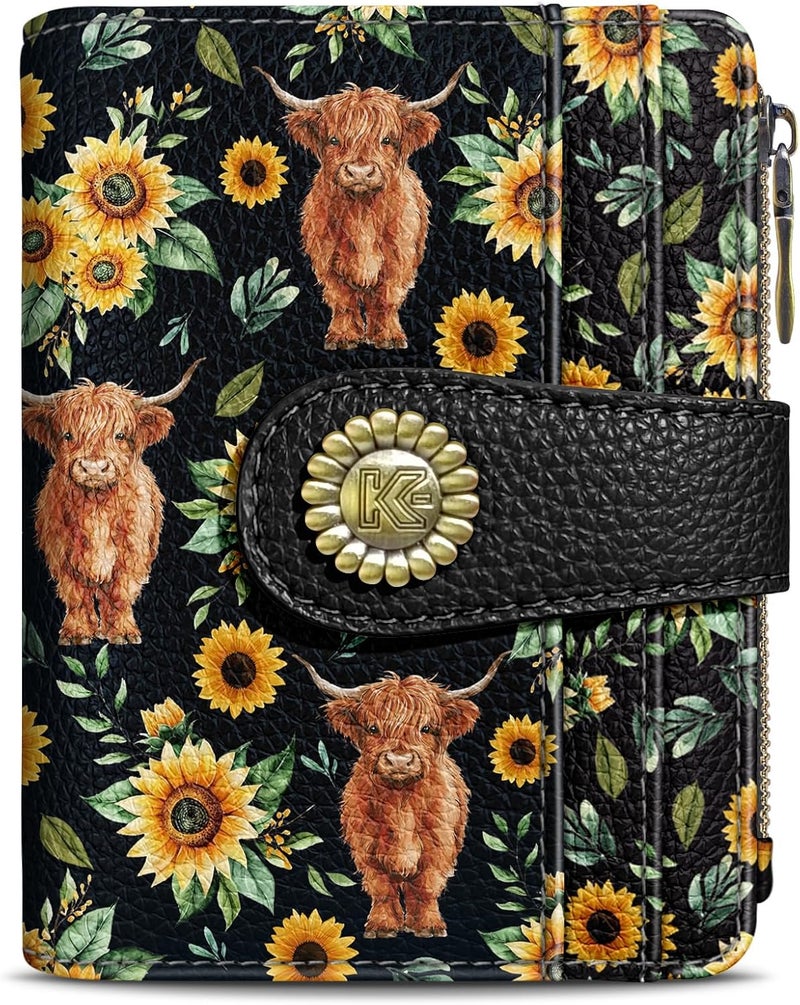 Kelvoris Highland Cow Cattle Sunflower Small Rfid Women Wallet Bifold Zipper Coin Pocket PU Leather Compact Cash Credit Card Holder Travel Wallet for Female Ladies Teen Girls 1 ID Window 10 Card Slots - Image 1